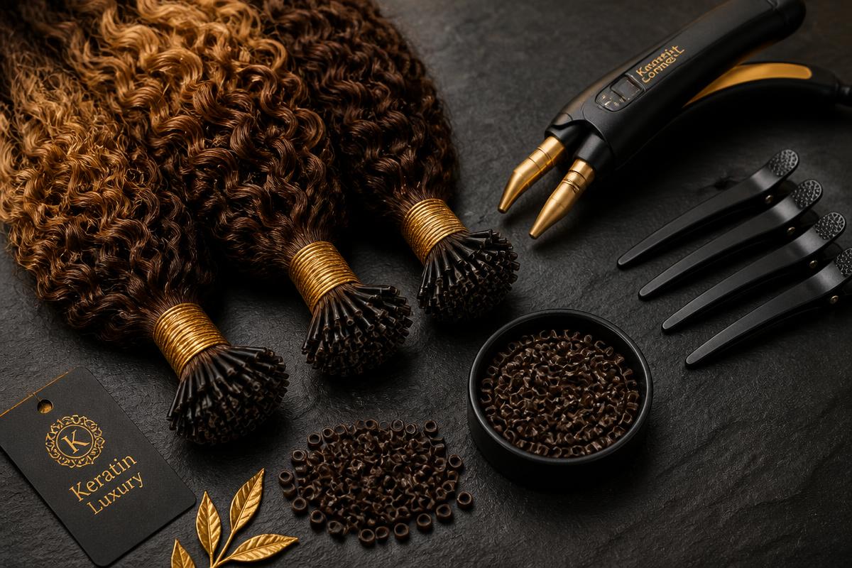 Curly keratin K-tip bundles, micro rings, fusion tool and sectioning clips on a dark stone surface