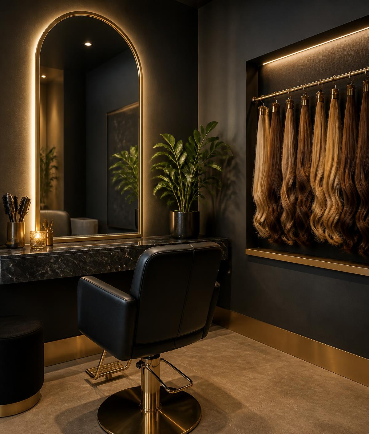 Interior of TrueBlend Hair Studio Eindhoven with gold-lit styling station and wall of extension bundles